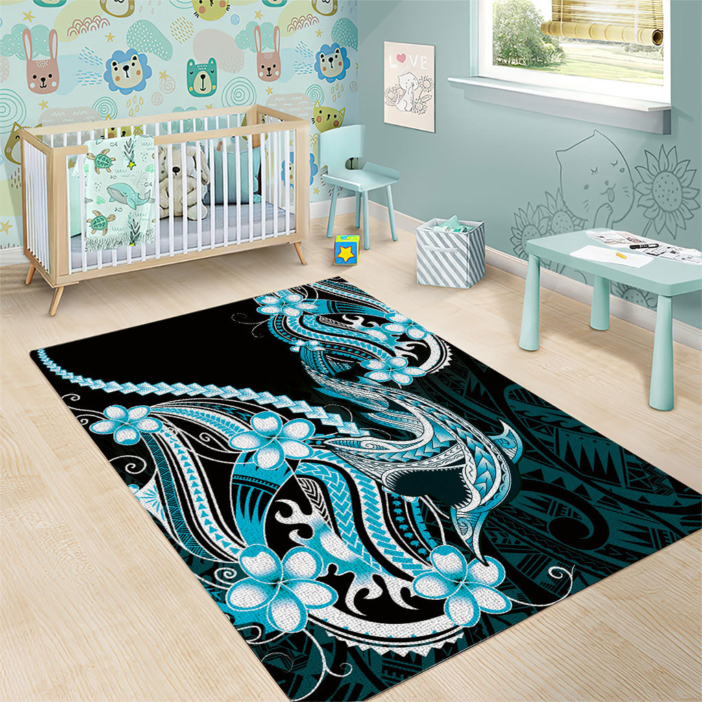 Blue Black Aloha Hawaii Area Rug Polynesian Shark Tattoo Plumeria