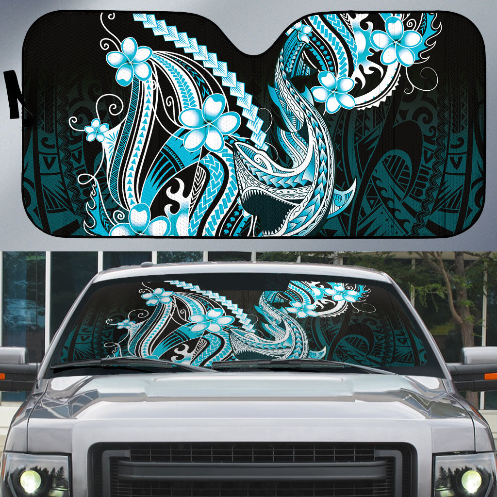 Blue Black Aloha Hawaii Auto Sun Shade Polynesian Shark Tattoo Plumeria LT14 Blue - Polynesian Pride