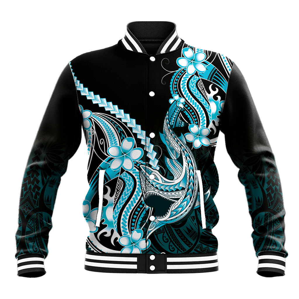 Blue Black Aloha Hawaii Baseball Jacket Polynesian Shark Tattoo Plumeria LT14 Unisex Blue - Polynesian Pride