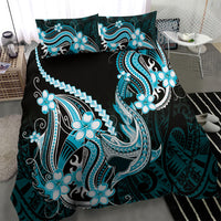 Blue Black Aloha Hawaii Bedding Set Polynesian Shark Tattoo Plumeria