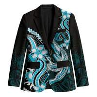 Blue Black Aloha Hawaii Blazer Polynesian Shark Tattoo Plumeria