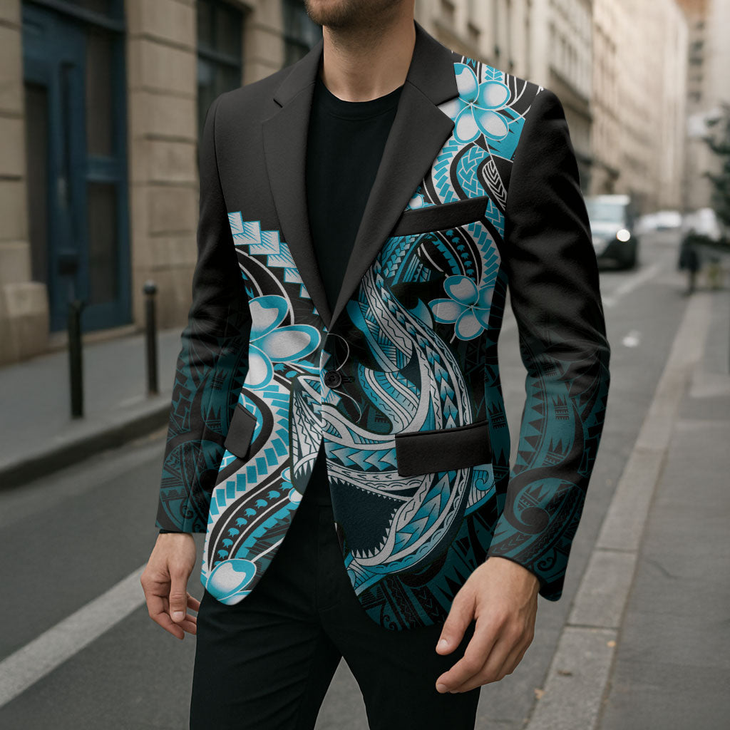 Blue Black Aloha Hawaii Blazer Polynesian Shark Tattoo Plumeria