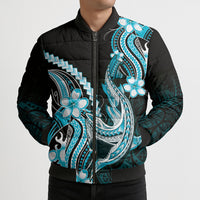Blue Black Aloha Hawaii Bomber Puffer Jacket Polynesian Shark Tattoo Plumeria