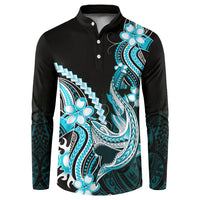Blue Black Aloha Hawaii Button Sweatshirt Polynesian Shark Tattoo Plumeria