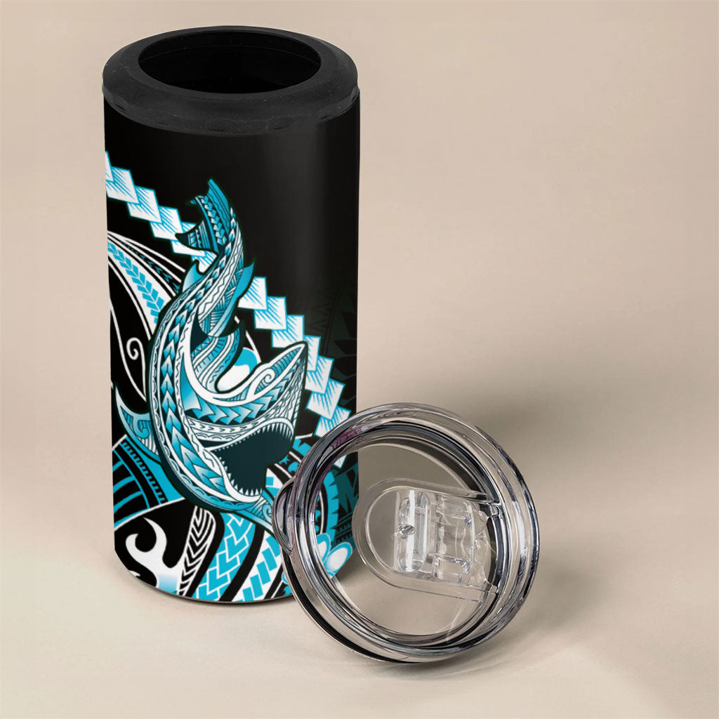 Blue Black Aloha Hawaii 4 in 1 Can Cooler Tumbler Polynesian Shark Tattoo Plumeria