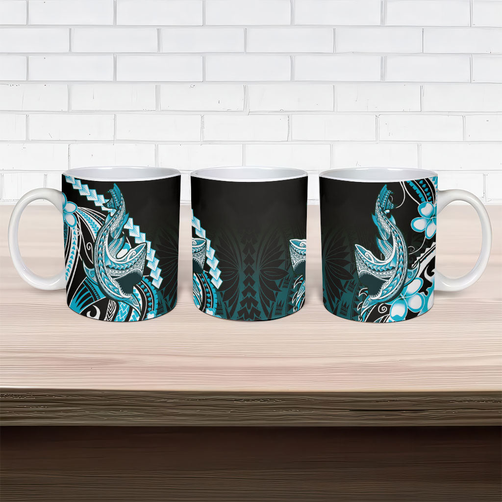 Blue Black Aloha Hawaii Ceramic Mug Polynesian Shark Tattoo Plumeria