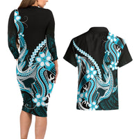 Blue Black Aloha Hawaii Couples Matching Long Sleeve Bodycon Dress and Hawaiian Shirt Polynesian Shark Tattoo Plumeria