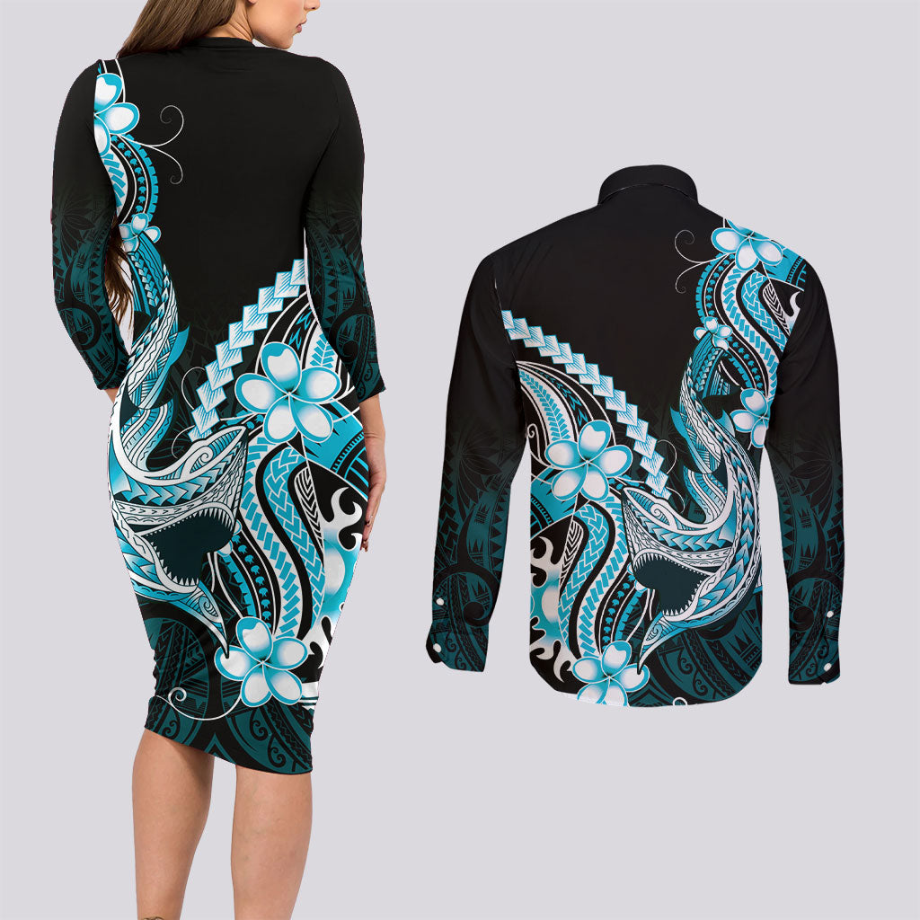 Blue Black Aloha Hawaii Couples Matching Long Sleeve Bodycon Dress and Long Sleeve Button Shirt Polynesian Shark Tattoo Plumeria