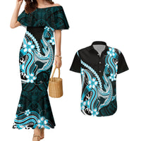 Blue Black Aloha Hawaii Couples Matching Mermaid Dress and Hawaiian Shirt Polynesian Shark Tattoo Plumeria