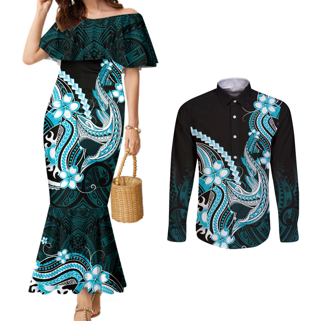 Blue Black Aloha Hawaii Couples Matching Mermaid Dress and Long Sleeve Button Shirt Polynesian Shark Tattoo Plumeria