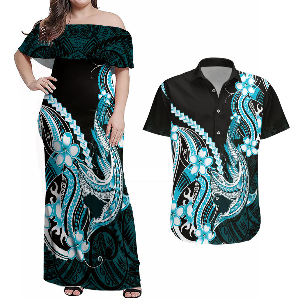 Blue Black Aloha Hawaii Couples Matching Off Shoulder Maxi Dress and Hawaiian Shirt Polynesian Shark Tattoo Plumeria