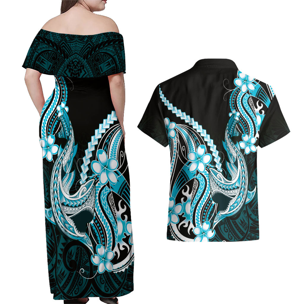 Blue Black Aloha Hawaii Couples Matching Off Shoulder Maxi Dress and Hawaiian Shirt Polynesian Shark Tattoo Plumeria