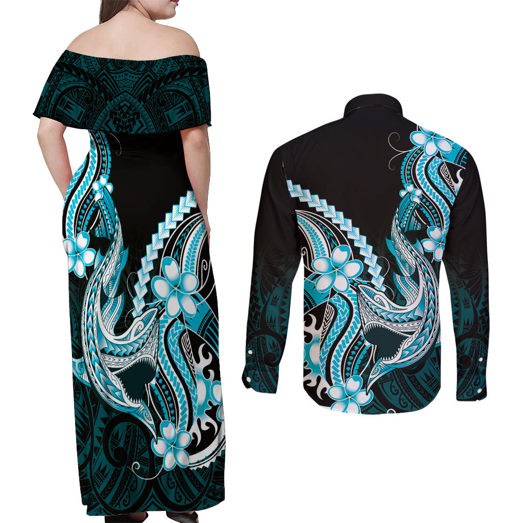 Blue Black Aloha Hawaii Couples Matching Off Shoulder Maxi Dress and Long Sleeve Button Shirt Polynesian Shark Tattoo Plumeria