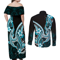 Blue Black Aloha Hawaii Couples Matching Off Shoulder Maxi Dress and Long Sleeve Button Shirt Polynesian Shark Tattoo Plumeria