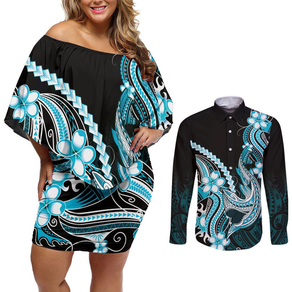 Blue Black Aloha Hawaii Couples Matching Off Shoulder Short Dress and Long Sleeve Button Shirt Polynesian Shark Tattoo Plumeria LT14 Blue - Polynesian Pride