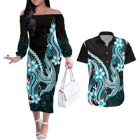 Blue Black Aloha Hawaii Couples Matching Off The Shoulder Long Sleeve Dress and Hawaiian Shirt Polynesian Shark Tattoo Plumeria