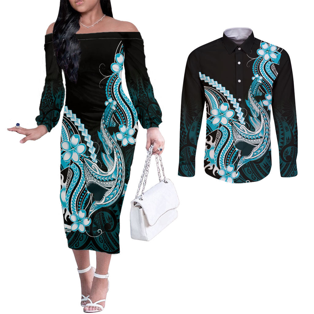 Blue Black Aloha Hawaii Couples Matching Off The Shoulder Long Sleeve Dress and Long Sleeve Button Shirt Polynesian Shark Tattoo Plumeria LT14 Blue - Polynesian Pride