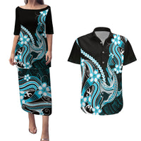 Blue Black Aloha Hawaii Couples Matching Puletasi and Hawaiian Shirt Polynesian Shark Tattoo Plumeria