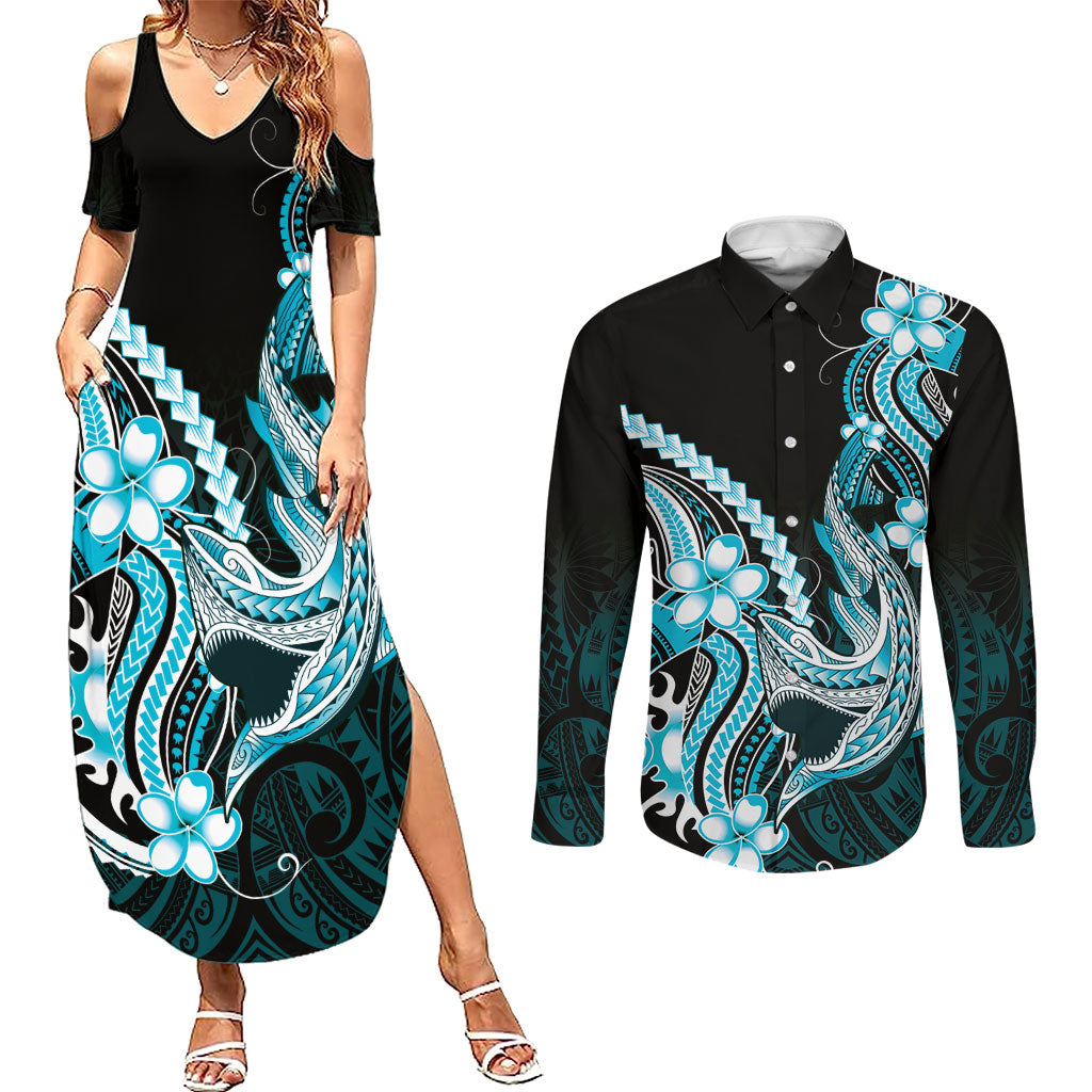 Blue Black Aloha Hawaii Couples Matching Summer Maxi Dress and Long Sleeve Button Shirt Polynesian Shark Tattoo Plumeria LT14 Blue - Polynesian Pride