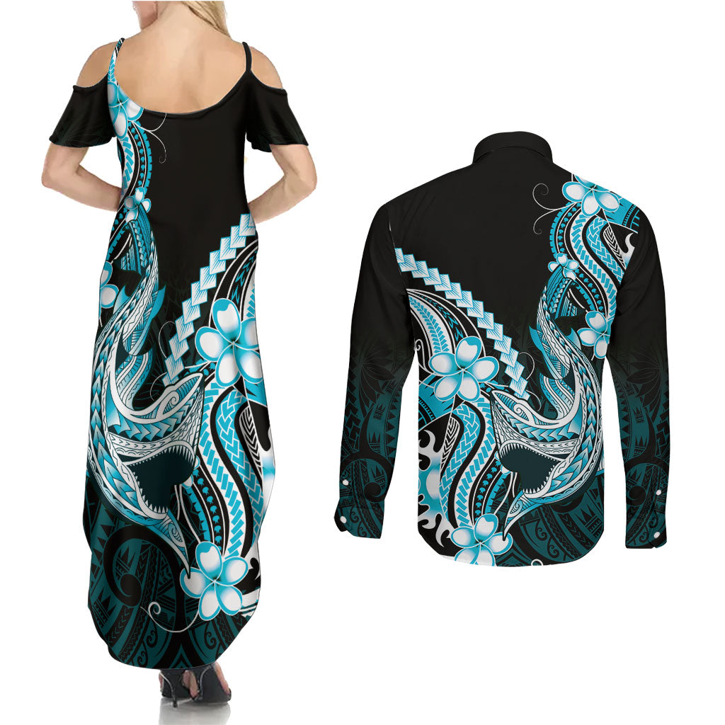 Blue Black Aloha Hawaii Couples Matching Summer Maxi Dress and Long Sleeve Button Shirt Polynesian Shark Tattoo Plumeria