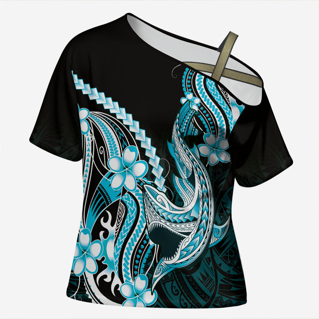 Blue Black Aloha Hawaii Cross Shoulder Shirt Polynesian Shark Tattoo Plumeria