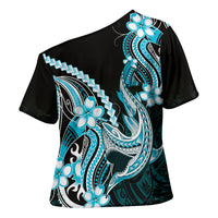 Blue Black Aloha Hawaii Cross Shoulder Shirt Polynesian Shark Tattoo Plumeria