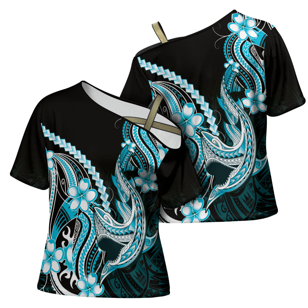 Blue Black Aloha Hawaii Cross Shoulder Shirt Polynesian Shark Tattoo Plumeria