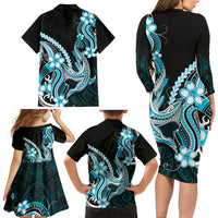 Blue Black Aloha Hawaii Family Matching Long Sleeve Bodycon Dress and Hawaiian Shirt Polynesian Shark Tattoo Plumeria