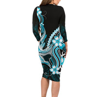 Blue Black Aloha Hawaii Family Matching Long Sleeve Bodycon Dress and Hawaiian Shirt Polynesian Shark Tattoo Plumeria