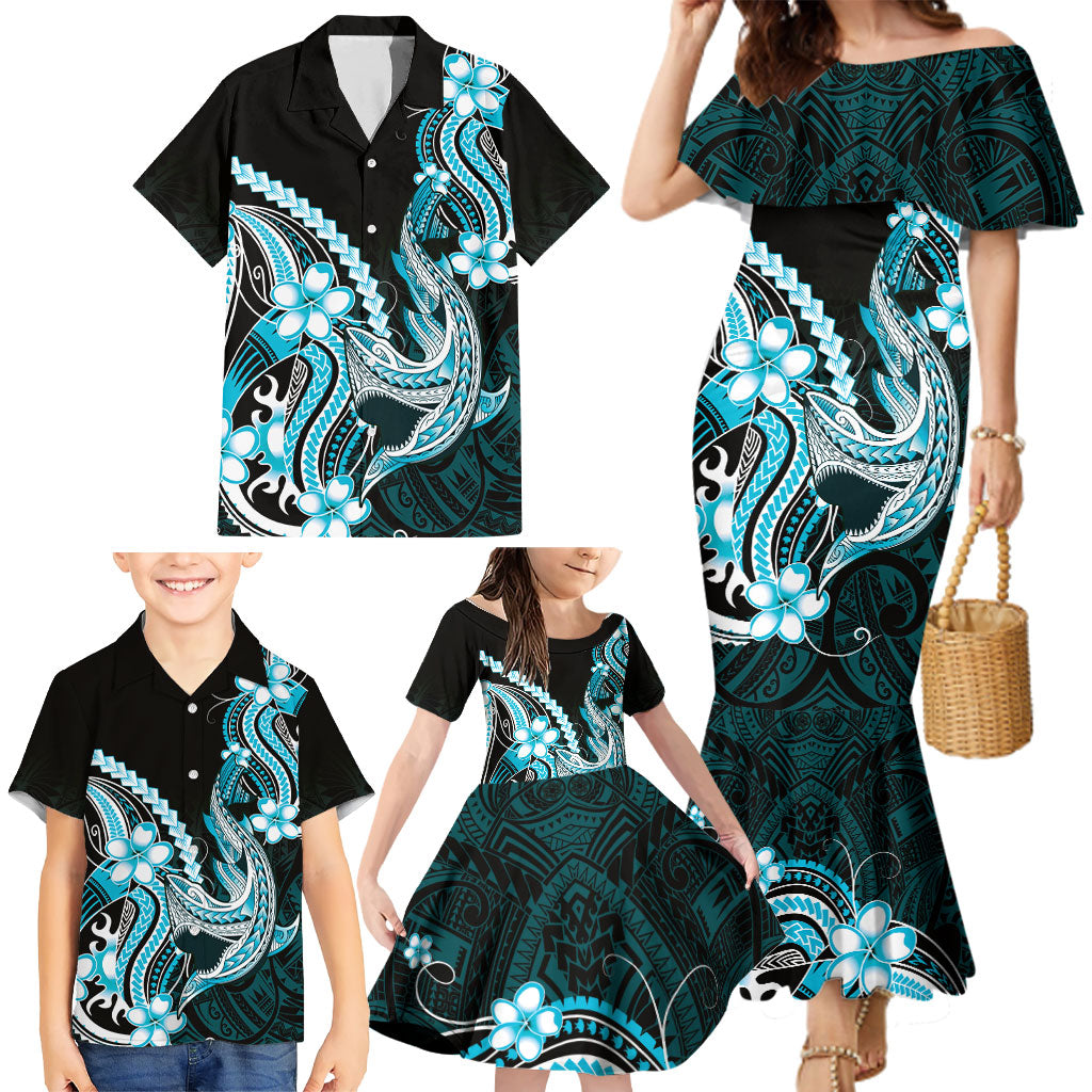 Blue Black Aloha Hawaii Family Matching Mermaid Dress and Hawaiian Shirt Polynesian Shark Tattoo Plumeria