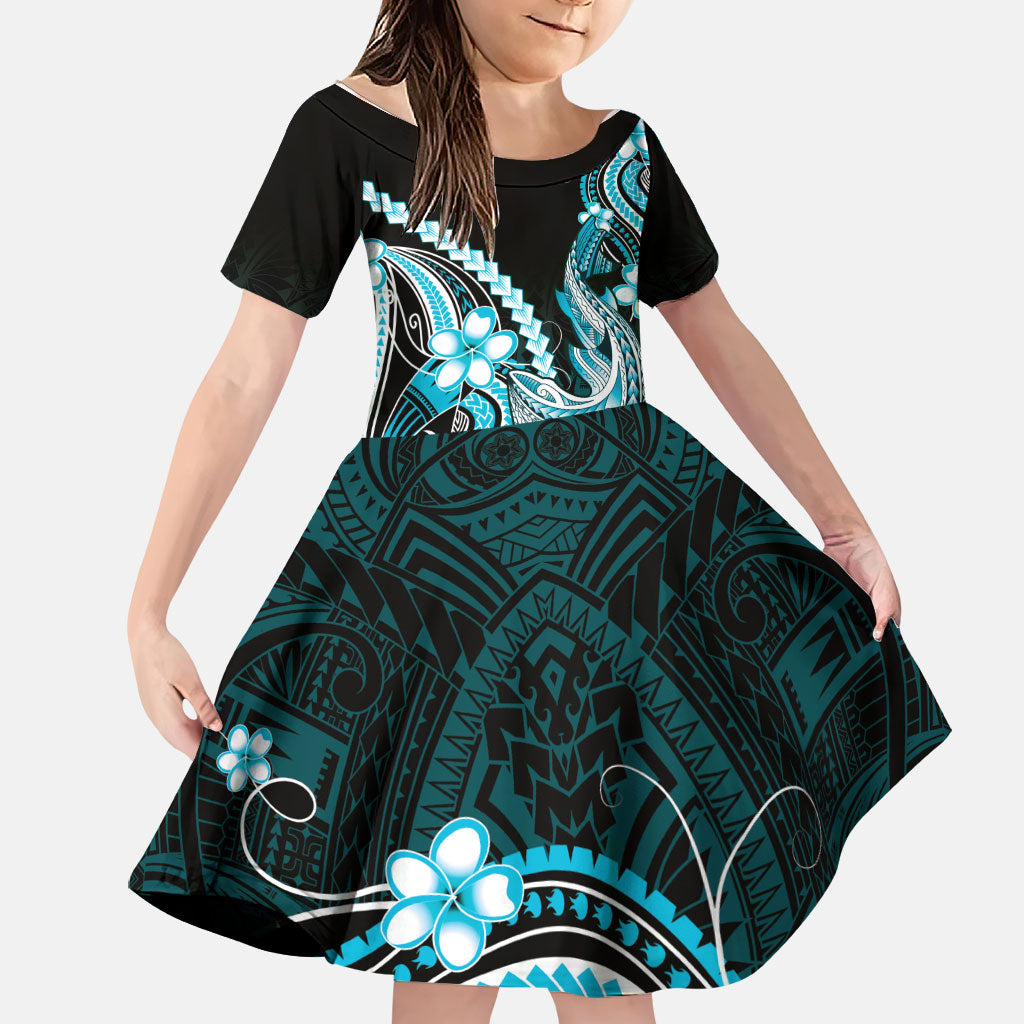 Blue Black Aloha Hawaii Family Matching Off The Shoulder Long Sleeve Dress and Hawaiian Shirt Polynesian Shark Tattoo Plumeria