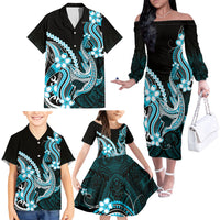 Blue Black Aloha Hawaii Family Matching Off The Shoulder Long Sleeve Dress and Hawaiian Shirt Polynesian Shark Tattoo Plumeria