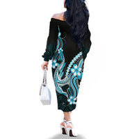 Blue Black Aloha Hawaii Family Matching Off The Shoulder Long Sleeve Dress and Hawaiian Shirt Polynesian Shark Tattoo Plumeria