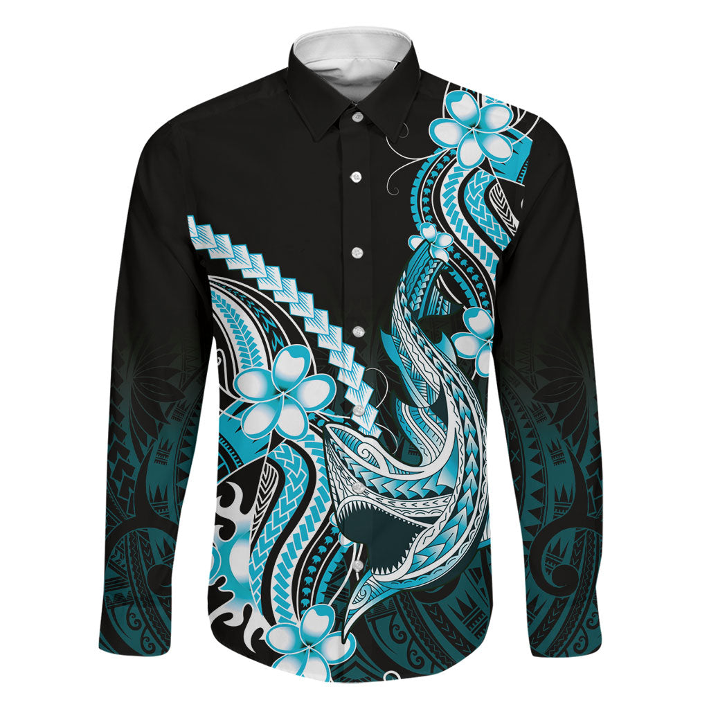 Blue Black Aloha Hawaii Family Matching Off Shoulder Maxi Dress and Hawaiian Shirt Polynesian Shark Tattoo Plumeria