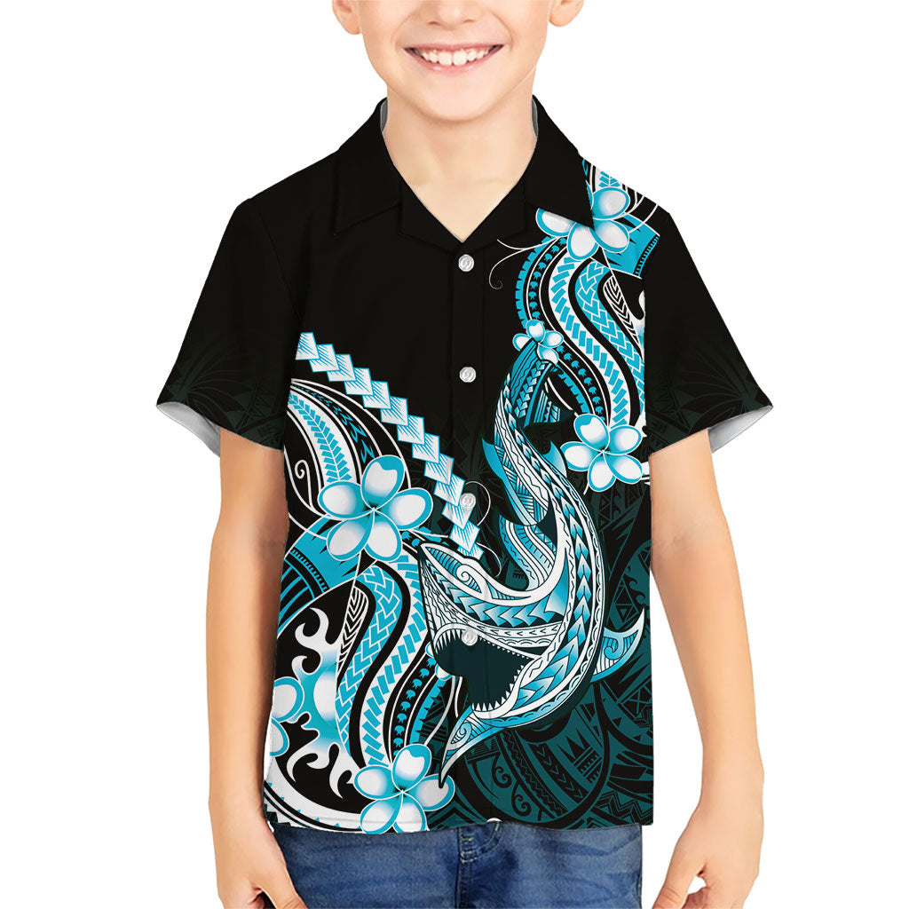 Blue Black Aloha Hawaii Family Matching Off Shoulder Maxi Dress and Hawaiian Shirt Polynesian Shark Tattoo Plumeria