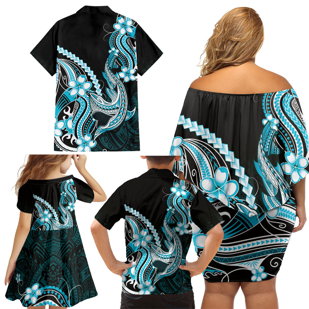Blue Black Aloha Hawaii Family Matching Off Shoulder Short Dress and Hawaiian Shirt Polynesian Shark Tattoo Plumeria