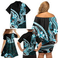 Blue Black Aloha Hawaii Family Matching Off Shoulder Short Dress and Hawaiian Shirt Polynesian Shark Tattoo Plumeria
