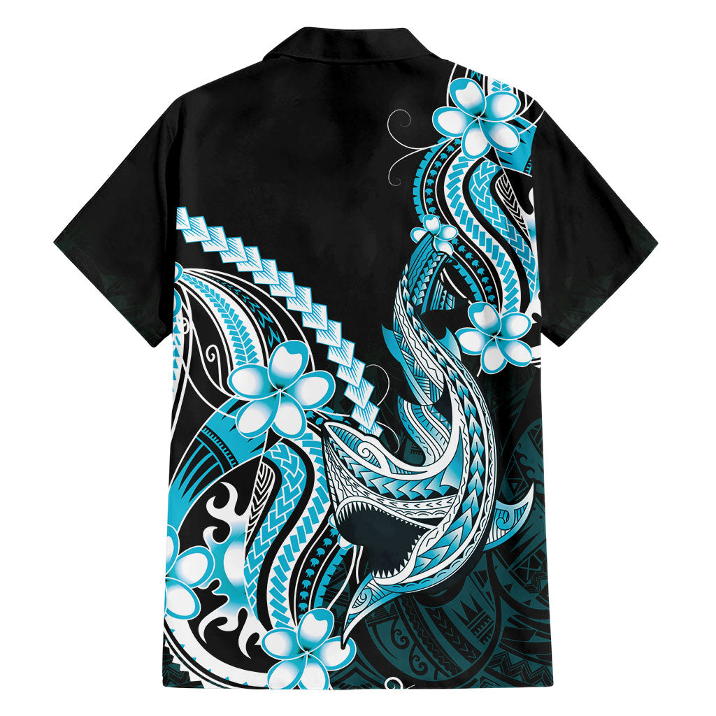 Blue Black Aloha Hawaii Family Matching Off Shoulder Short Dress and Hawaiian Shirt Polynesian Shark Tattoo Plumeria