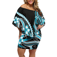 Blue Black Aloha Hawaii Family Matching Off Shoulder Short Dress and Hawaiian Shirt Polynesian Shark Tattoo Plumeria
