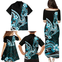 Blue Black Aloha Hawaii Family Matching Puletasi and Hawaiian Shirt Polynesian Shark Tattoo Plumeria