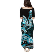 Blue Black Aloha Hawaii Family Matching Puletasi and Hawaiian Shirt Polynesian Shark Tattoo Plumeria