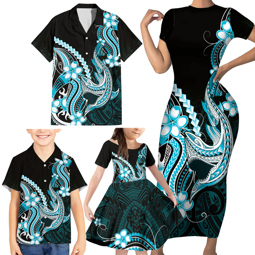 Blue Black Aloha Hawaii Family Matching Short Sleeve Bodycon Dress and Hawaiian Shirt Polynesian Shark Tattoo Plumeria