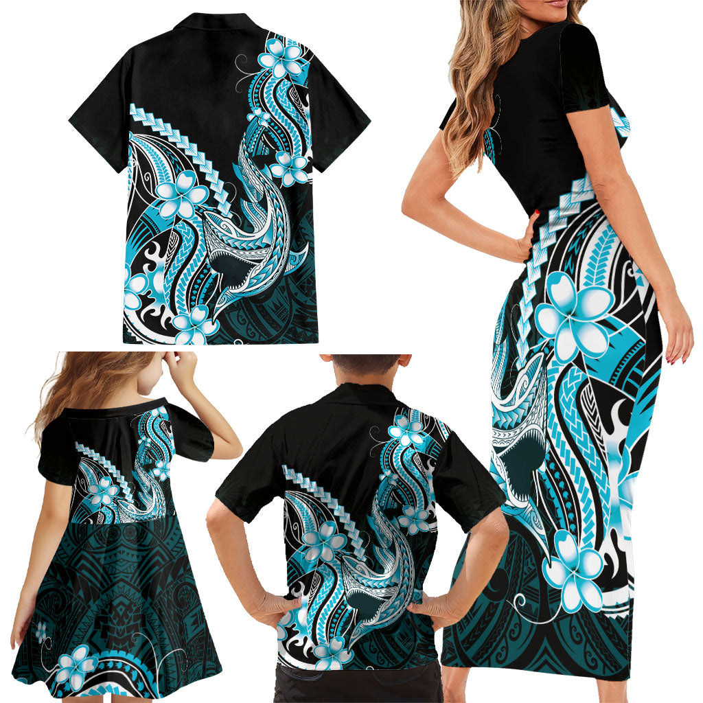 Blue Black Aloha Hawaii Family Matching Short Sleeve Bodycon Dress and Hawaiian Shirt Polynesian Shark Tattoo Plumeria