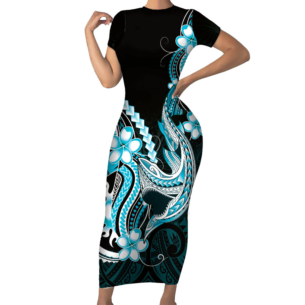 Blue Black Aloha Hawaii Family Matching Short Sleeve Bodycon Dress and Hawaiian Shirt Polynesian Shark Tattoo Plumeria