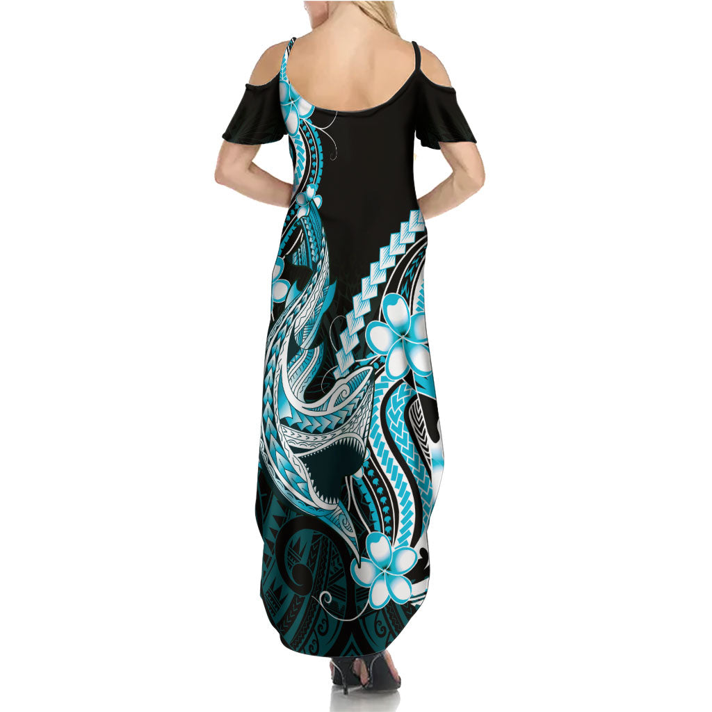 Blue Black Aloha Hawaii Family Matching Summer Maxi Dress and Hawaiian Shirt Polynesian Shark Tattoo Plumeria
