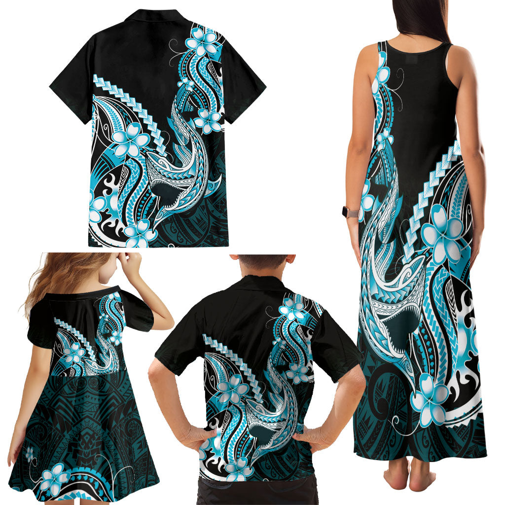 Blue Black Aloha Hawaii Family Matching Tank Maxi Dress and Hawaiian Shirt Polynesian Shark Tattoo Plumeria