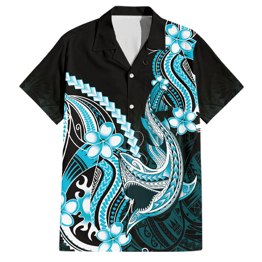 Blue Black Aloha Hawaii Family Matching Tank Maxi Dress and Hawaiian Shirt Polynesian Shark Tattoo Plumeria