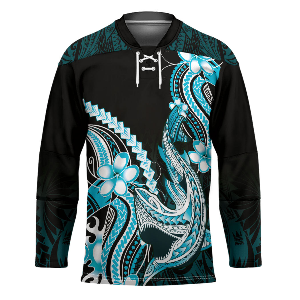 Blue Black Aloha Hawaii Hockey Jersey Polynesian Shark Tattoo Plumeria LT14 Unisex Blue - Polynesian Pride