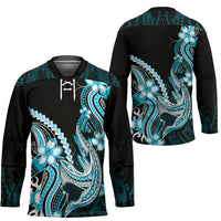 Blue Black Aloha Hawaii Hockey Jersey Polynesian Shark Tattoo Plumeria