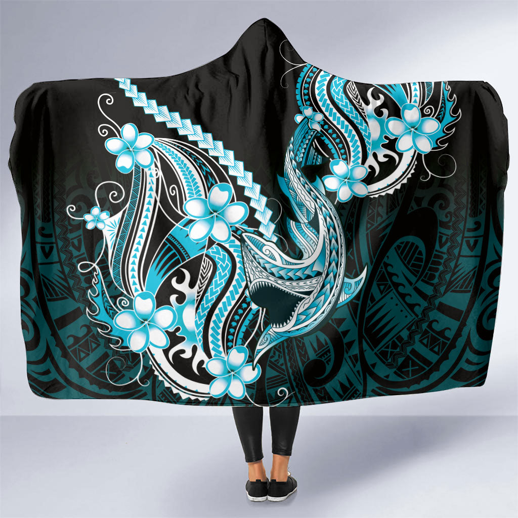 Blue Black Aloha Hawaii Hooded Blanket Polynesian Shark Tattoo Plumeria